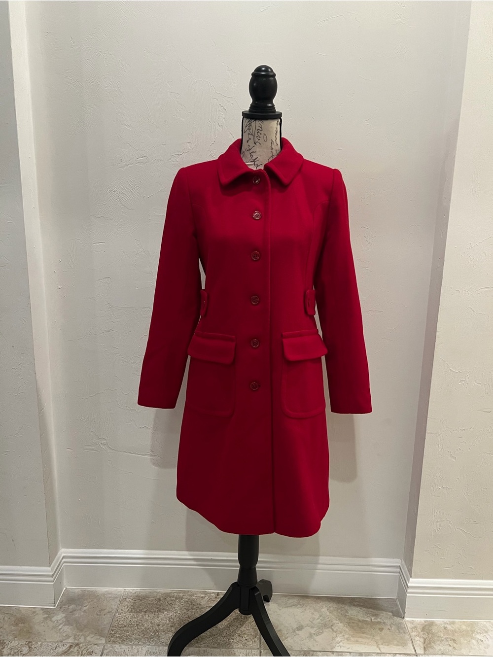 Moda International Red 100% Wool Coat Size 2 Button Front Classic -Like New!